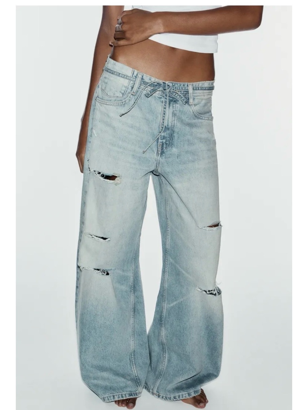 Zara Light Blue Distressed Relaxed Wide-Leg Jeans